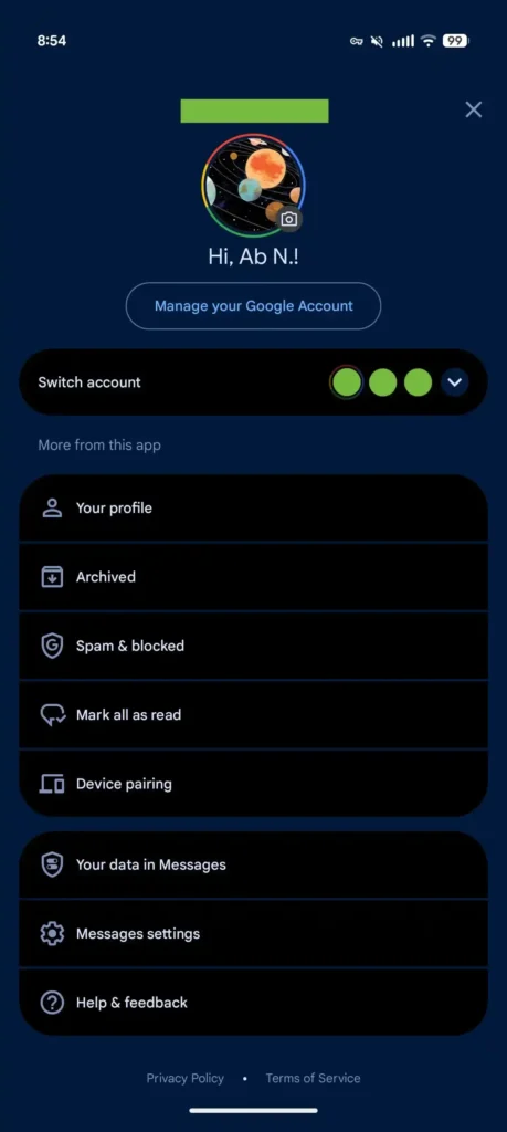 Google Messages Menu Akaun Baharu